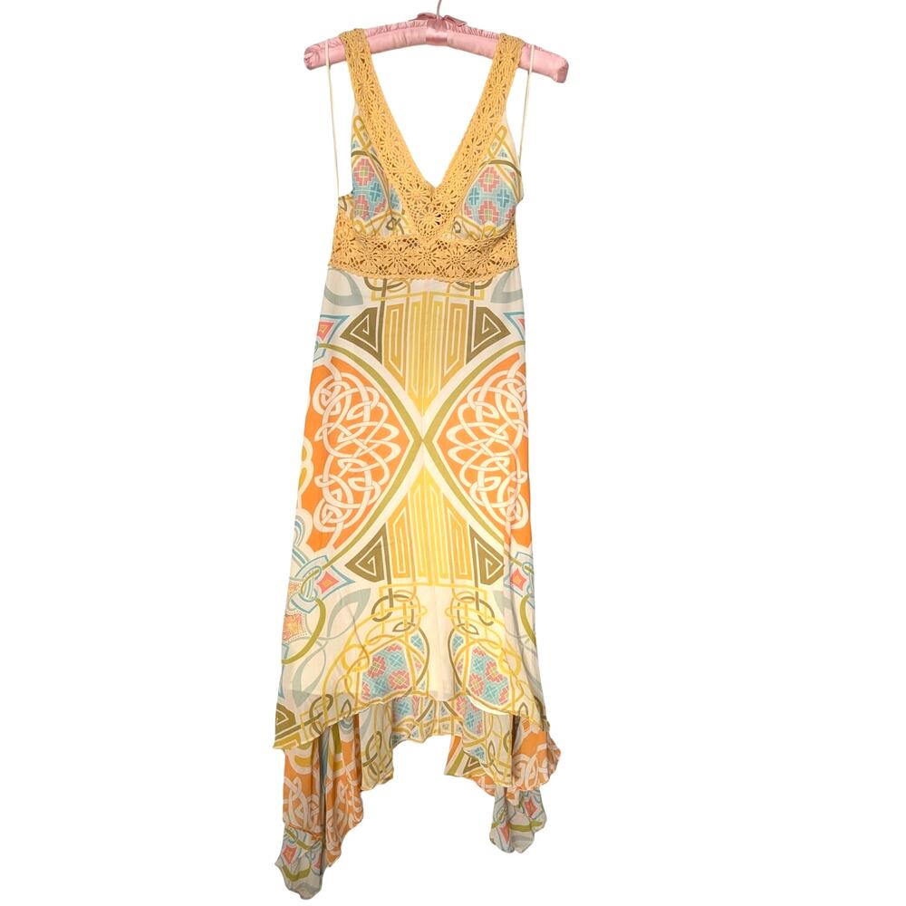 Nicole‎ Miller Collection Art Deco Print Crochet Silk Dress 4